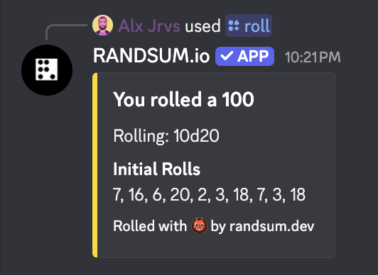 /roll notation:10d20 — rolled a 100